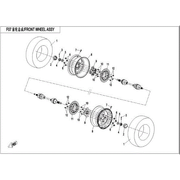 An Image of a Genuine CFMOTO Parts Schematic Diagram showing the schematic - FRONT WHEEL ASSY - 2016 CFMOTO ZFORCE 500