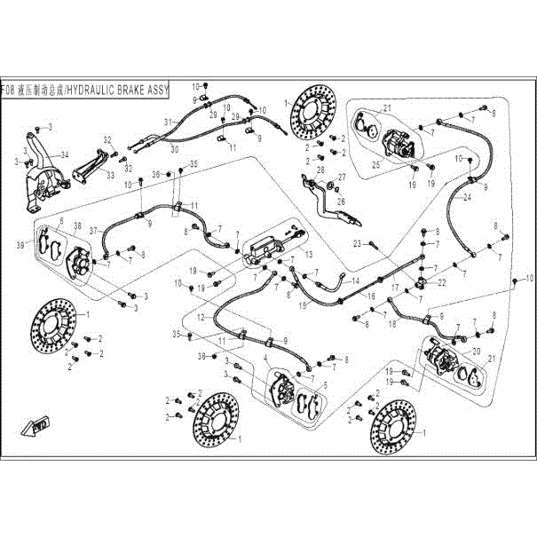 An Image of a Genuine CFMOTO Parts Schematic Diagram showing the schematic - HYDRAULIC BRAKE ASSY - 2016 CFMOTO UFORCE 800