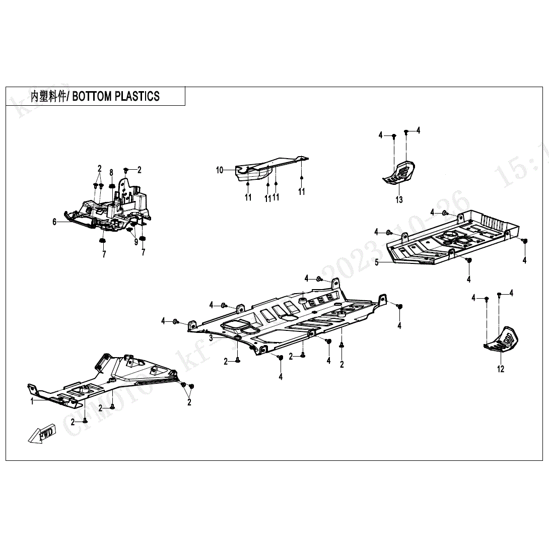 An Image of a genuine CFMOTO Parts Schematic Diagram showing the group - BOTTOM PLASTICS - 2024 CFMOTO CFORCE 800 TOURING