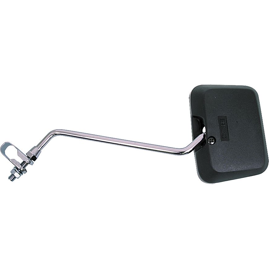 Square Clamp-On Mirror Black 10 by EMGO features a black square mirror with chrome metal arm and mounting bracket, compatible with Spree mounts for easy vehicle attachment.