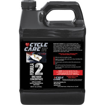 A black plastic 1-gallon container of Cycle Care Formulas Formula 2 Bike Wash with handle and a label featuring product info, instructions, and branding in white and red for gentle, spot-free motorcycle cleaning.