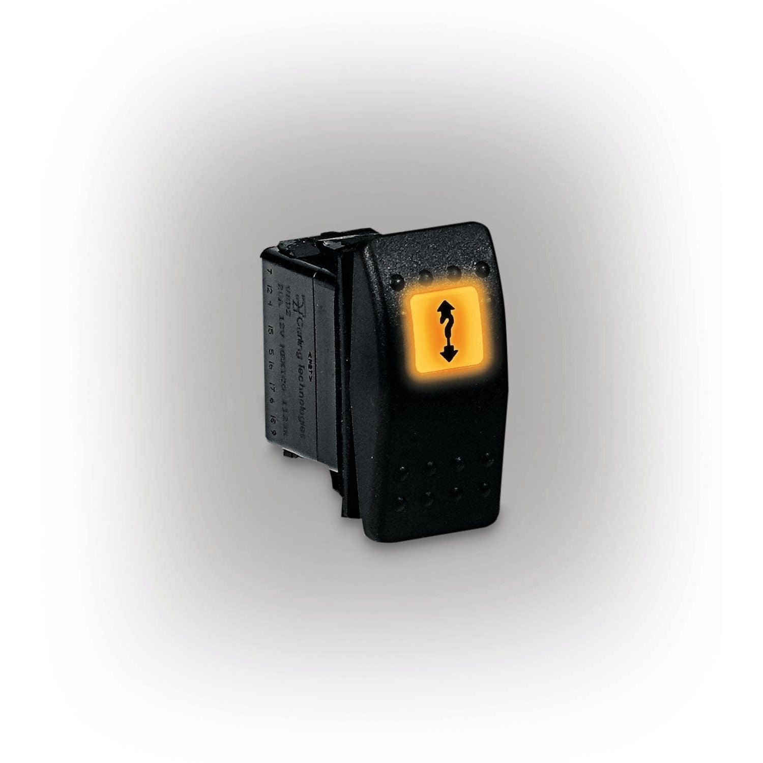The Provantage Dash Mount Mini Rocker Switch by Warn is a black switch with a glowing yellow indicator and up-down arrow, ideal for automotive or industrial control of raising and lowering functions.
