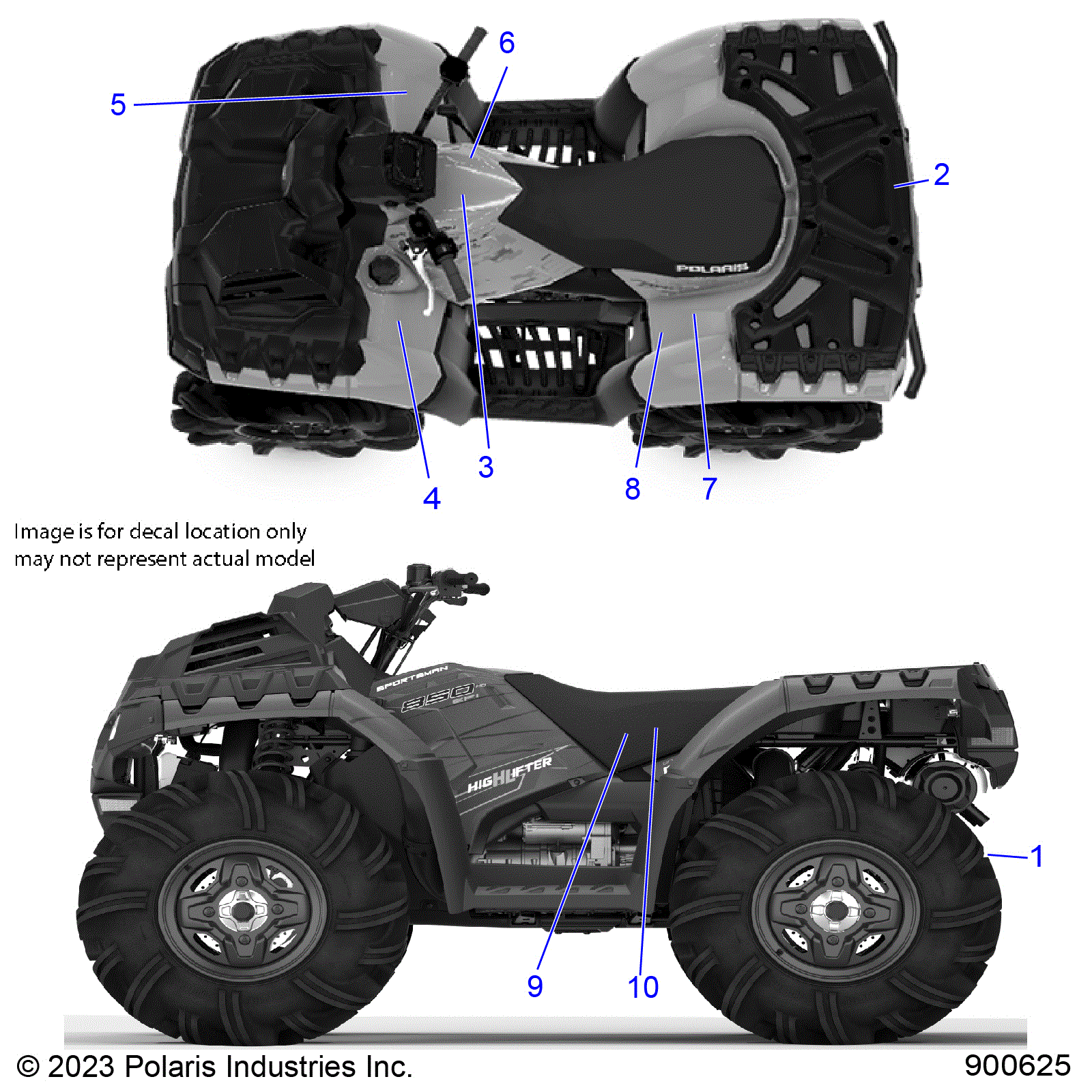 An Image of a Genuine Polaris Parts Schematic Diagram showing the schematic - BODY: DECALS STANDARD - 2023 POLARIS SPORTSMAN 850 HIGH LIFTER