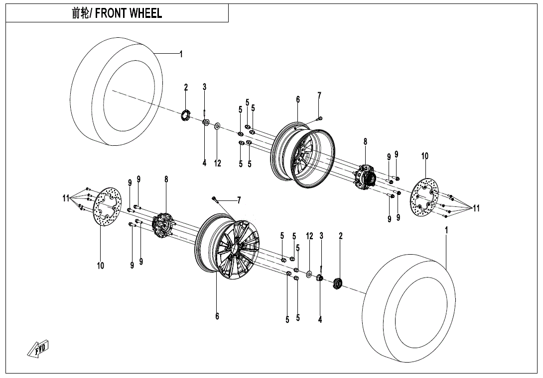 Exploded diagram of a front wheel assembly—wheels, hubs, axles, spokes, nuts, bolts, and more—each part labeled. Get the Washer by CF Moto and other ATV & UTV OEM parts at Witchdoctors.com.
