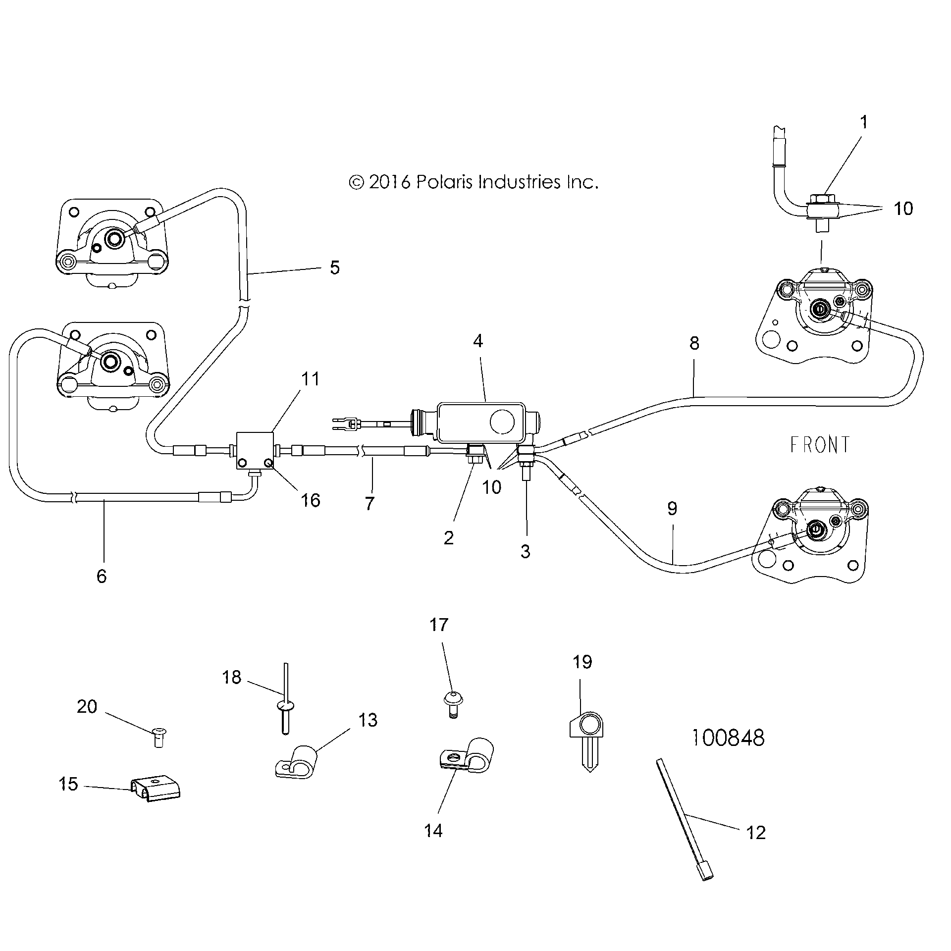 An Image of a Genuine Polaris Parts Schematic Diagram showing the schematic - BRAKES: BRAKE LINES AND MASTER CYLINDER - 2017 POLARIS ACE 500 SOHC