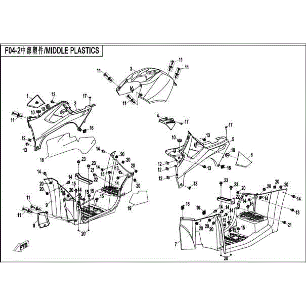 An Image of a genuine CFMOTO Parts Schematic Diagram showing the group - PLASTIC PARTS-2 - 2015 CFMOTO CFORCE 500 HO