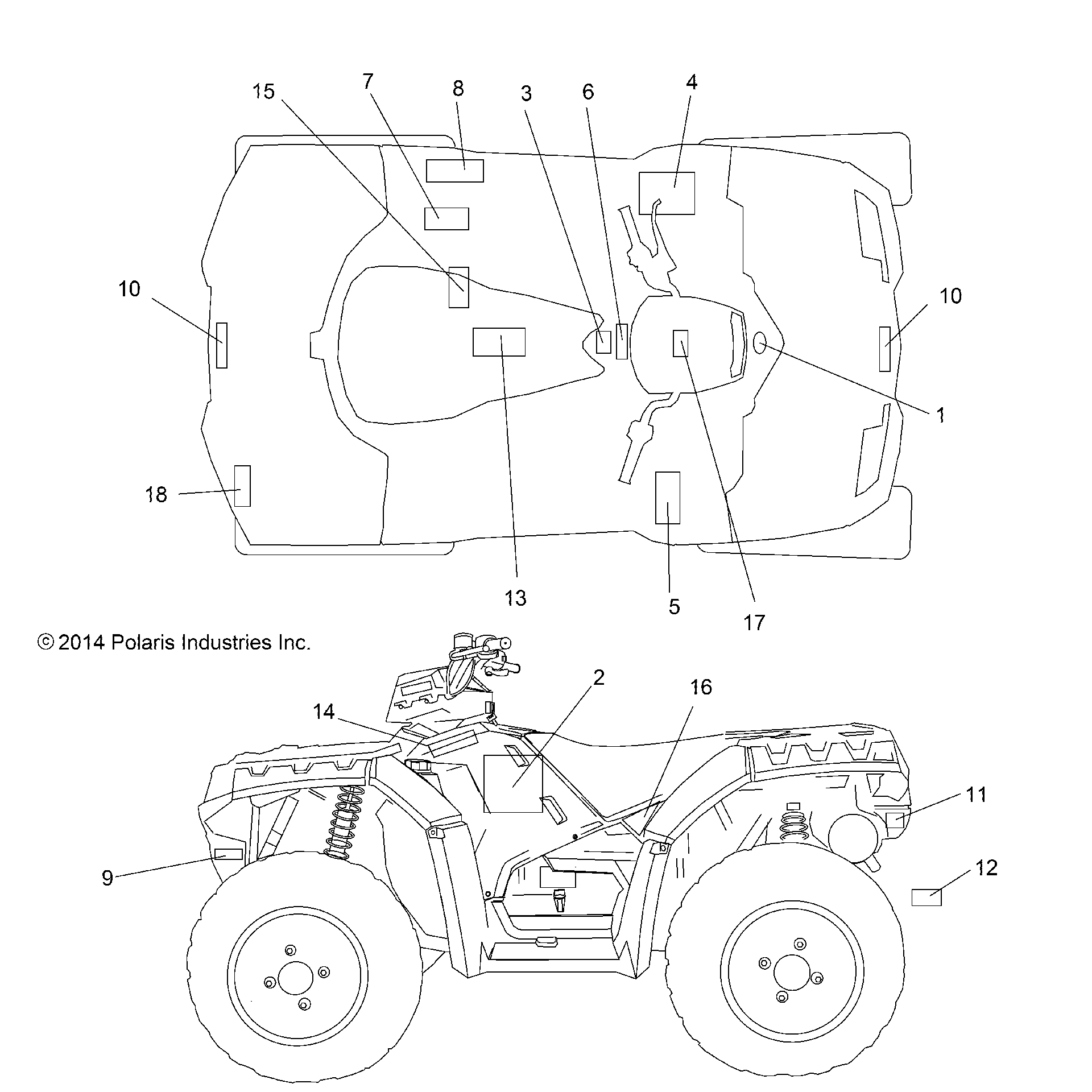 An Image of a Genuine Polaris Parts Schematic Diagram showing the schematic - BODY: DECALS - 2015 POLARIS SPORTSMAN 850 SP