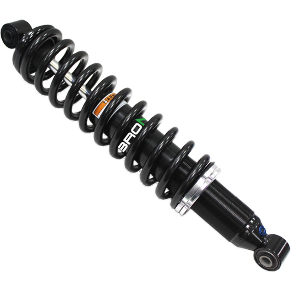 The Yamaha Grizzly UTV/ATV Rear Gas Shock by Bronco features a black tightly wound coil spring, metal body, and mounting eyelets—perfect for UTV/ATV suspension. Available now at Witchdoctors.com.