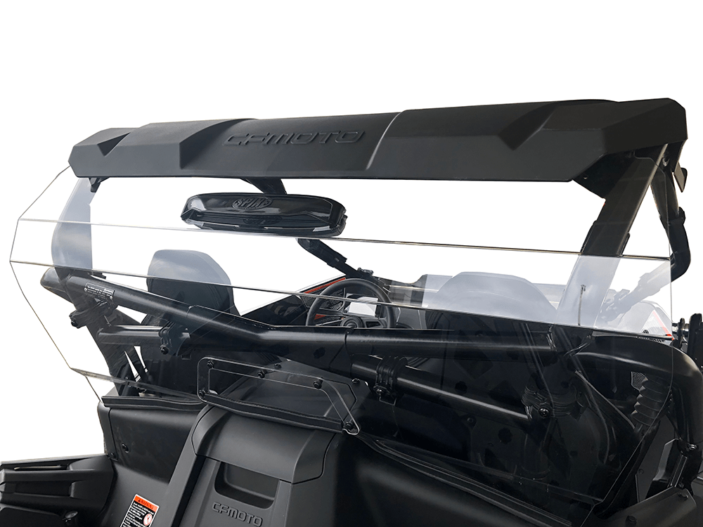 The CFMOTO Clear Vented Rear Windshield by Spike is shown mounted on a black UTV with a black roof and visible interior, providing protection and airflow—an ideal upgrade for your off-road adventures.