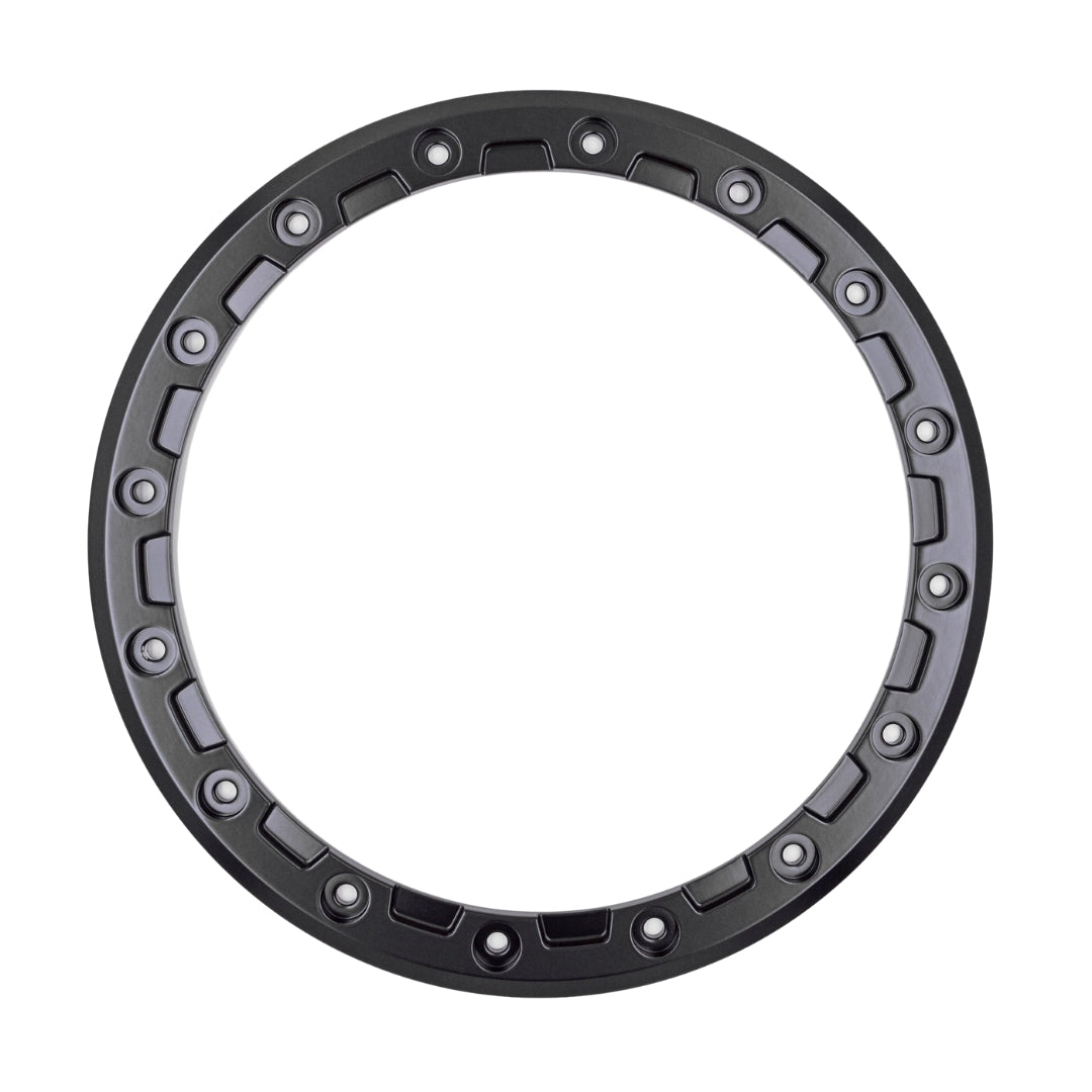 The ATV/UTV Beadlock Replacement Ring 15-inch Black Podium by Raceline is a circular black metal ring with multiple evenly spaced holes and a textured inner edge, designed as a component for wheel assemblies.