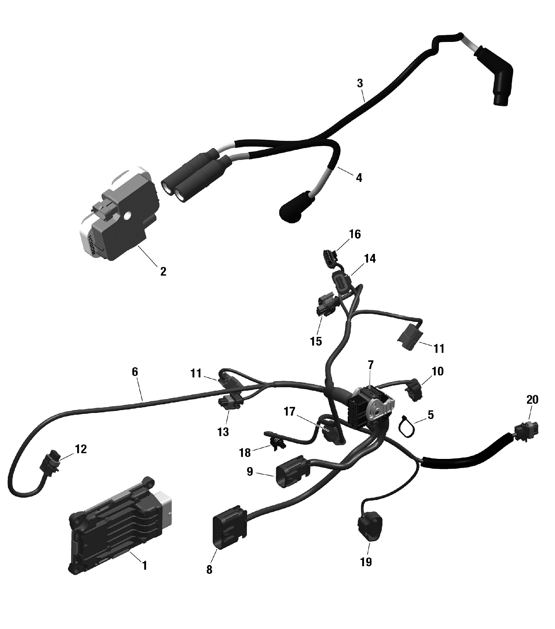 An Image of a Genuine Can-Am Parts Schematic Diagram showing the schematic - ROTAX - ENGINE HARNESS AND ELECTRONIC MODULE