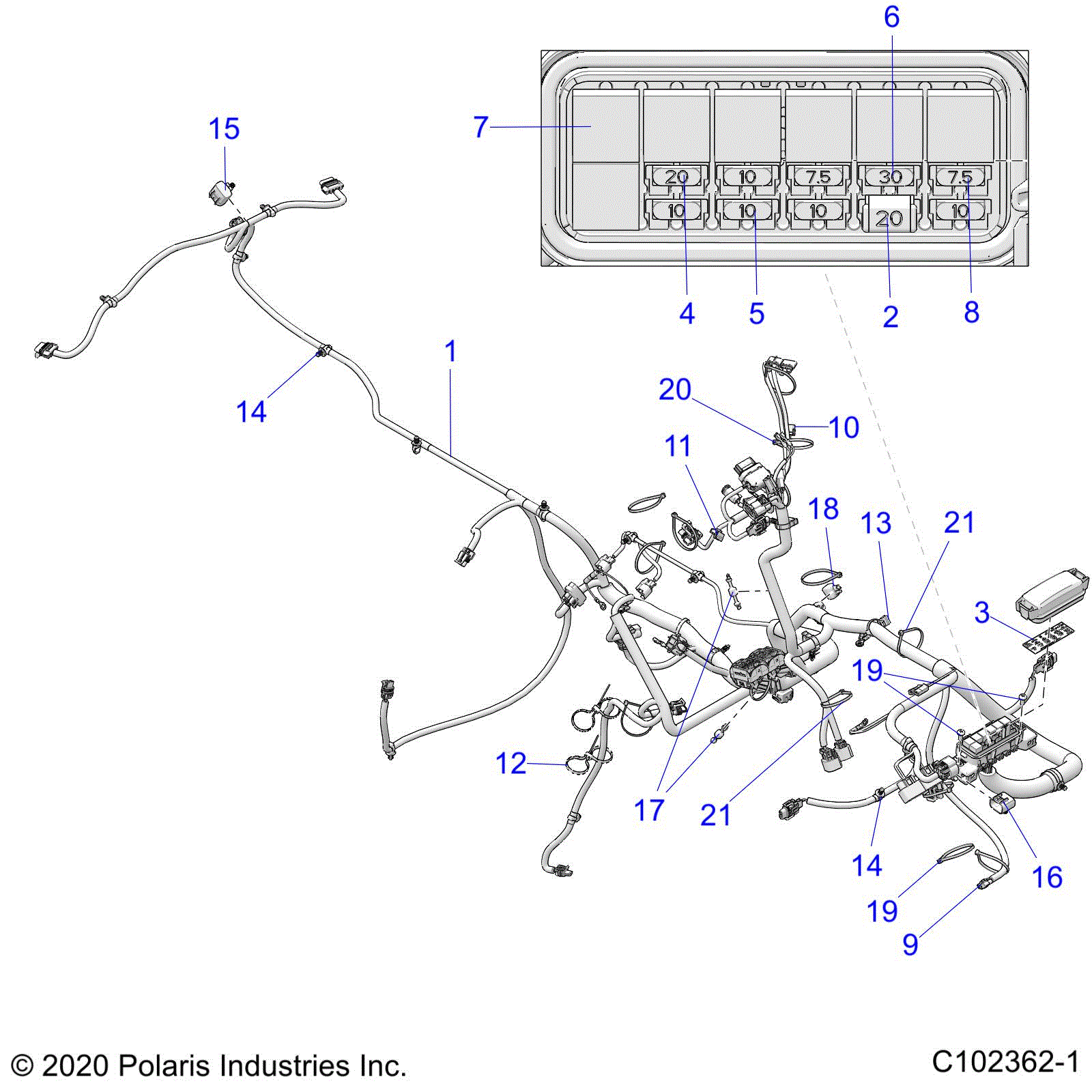 An Image of a Genuine Polaris Parts Schematic Diagram showing the schematic - ELECTRICAL: HARNESS - 2021 POLARIS SPORTSMAN XP 1000 EPS 48"