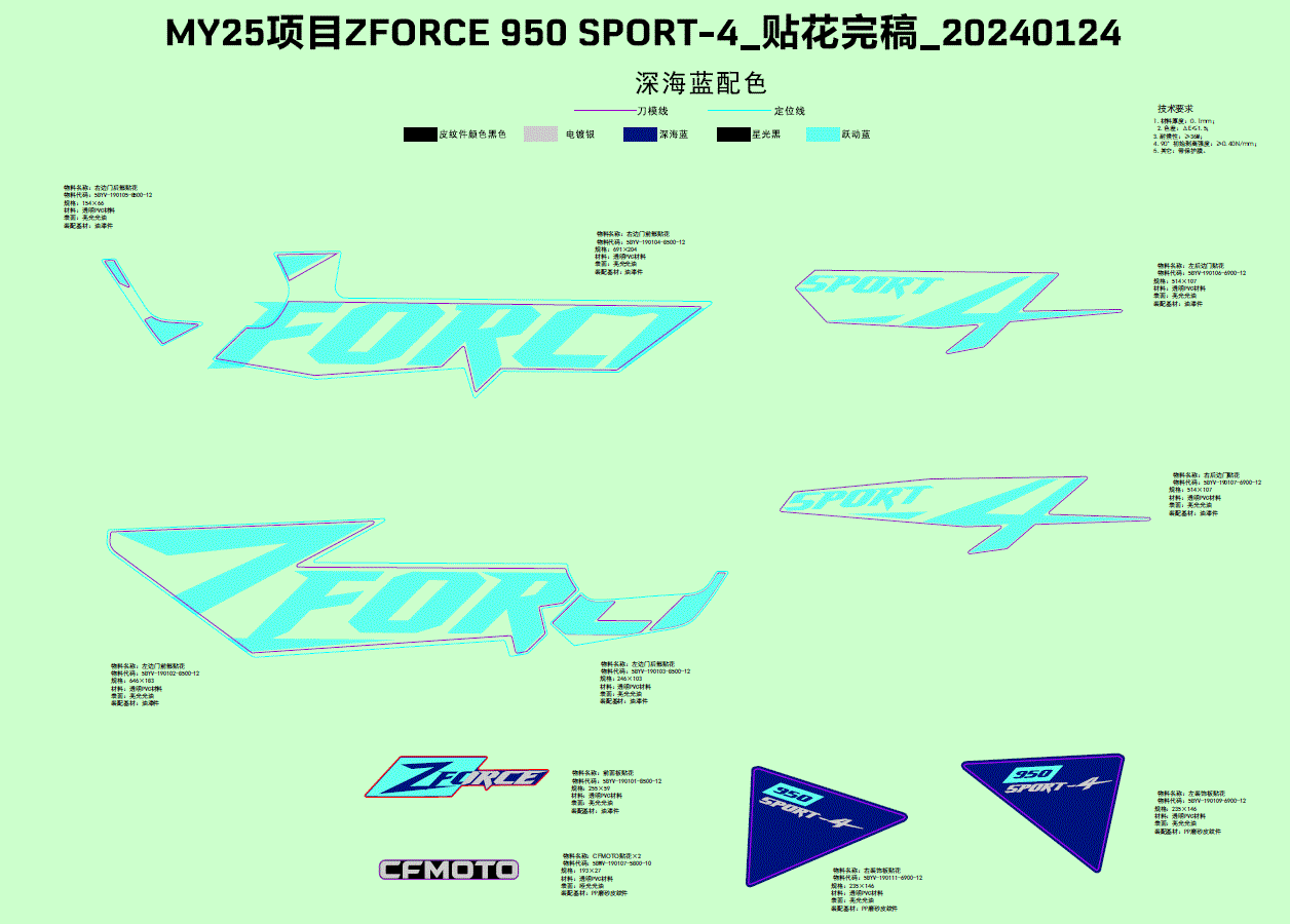 Sheet displaying blue Rear RH Side Door Decal by CF Moto for the MY25 ZFORCE 950 SPORT-4 UTV, featuring various sizes, logo placement guides, and text labels on a pale green background—ideal for OEM parts replacement.