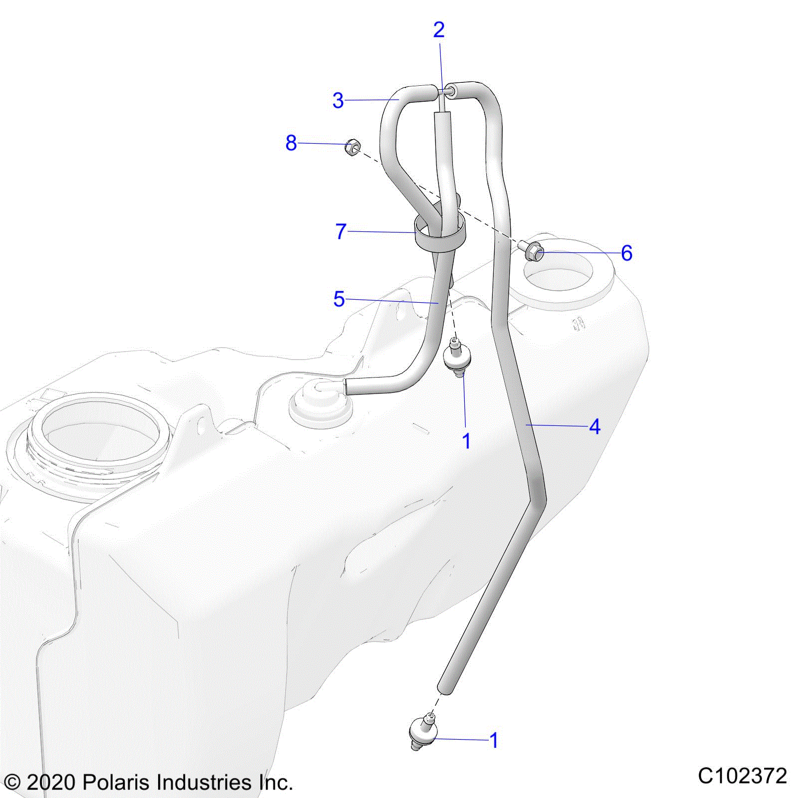 An Image of a Genuine Polaris Parts Schematic Diagram showing the schematic - BODY: FUEL TANK VENTING - 2020 POLARIS SCRAMBLER 850 48"