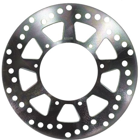 Round metallic brake rotor with multiple circular and triangular cutouts, polished finish.