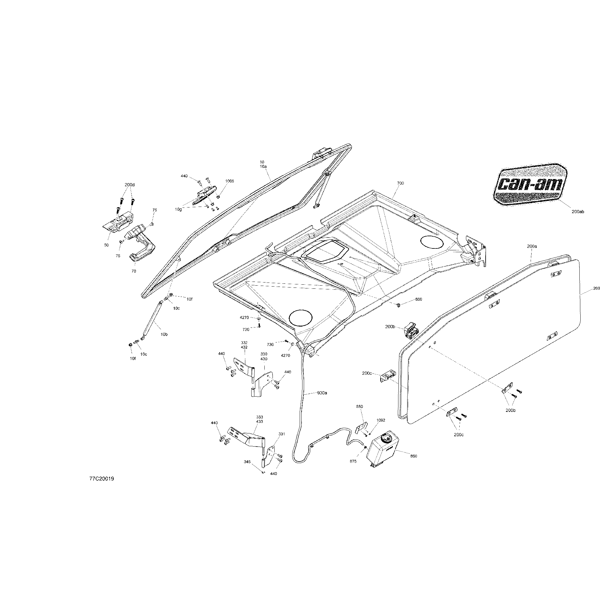 An Image of a Genuine Can-Am Parts Schematic Diagram showing the schematic - CAB - WINSHIELD AND REAR WINDOW