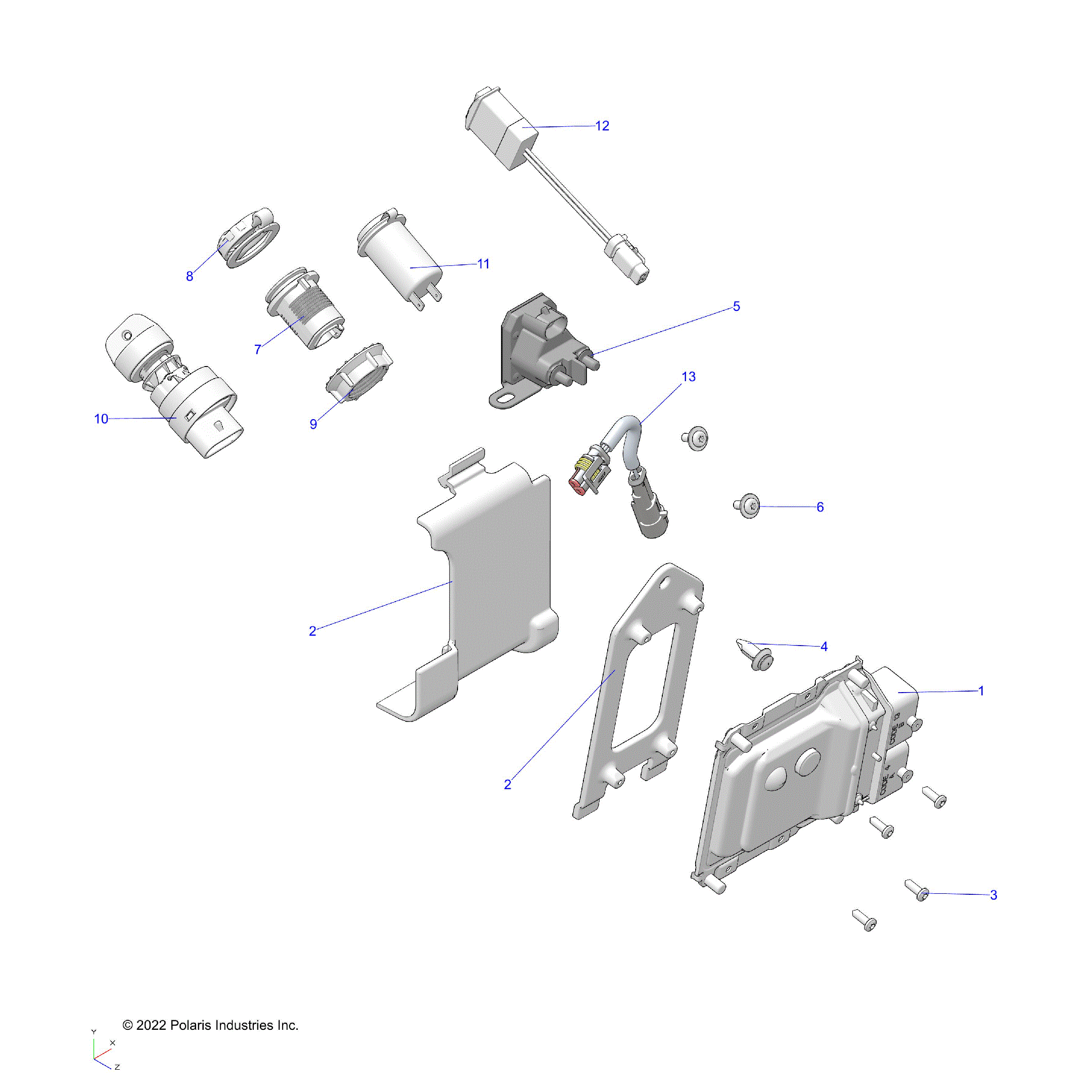 An Image of a Genuine Polaris Parts Schematic Diagram showing the schematic - ELECTRICAL: SWITCHES SENSORS and ECM - 2025 POLARIS SPORTSMAN 570 EPS EBS TRAIL