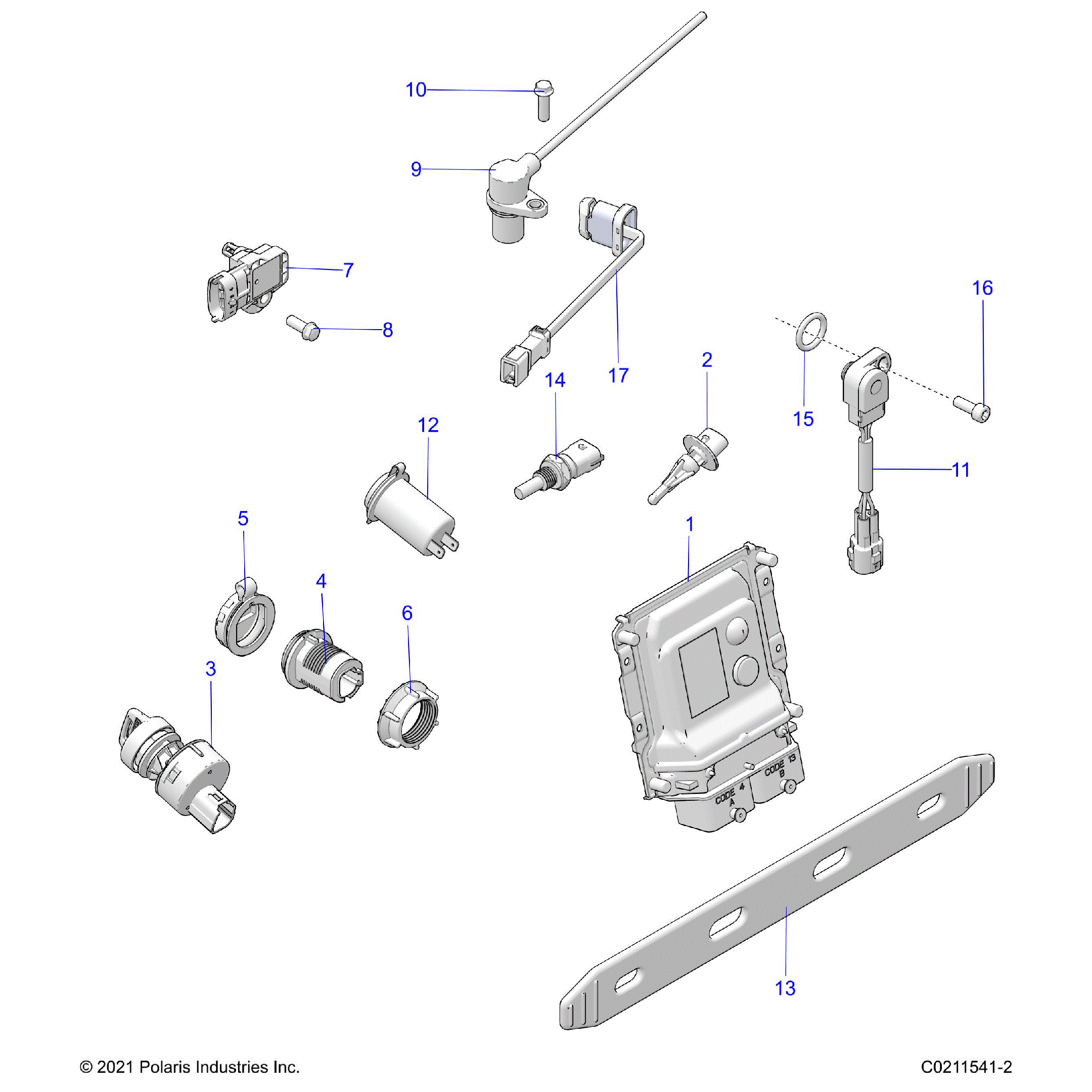 An Image of a Genuine Polaris Parts Schematic Diagram showing the schematic - ELECTRICAL: SWITCHES SENSORS ECU and CONTROL MODULES - 2022 POLARIS SPORTSMAN 850 48" TRAIL