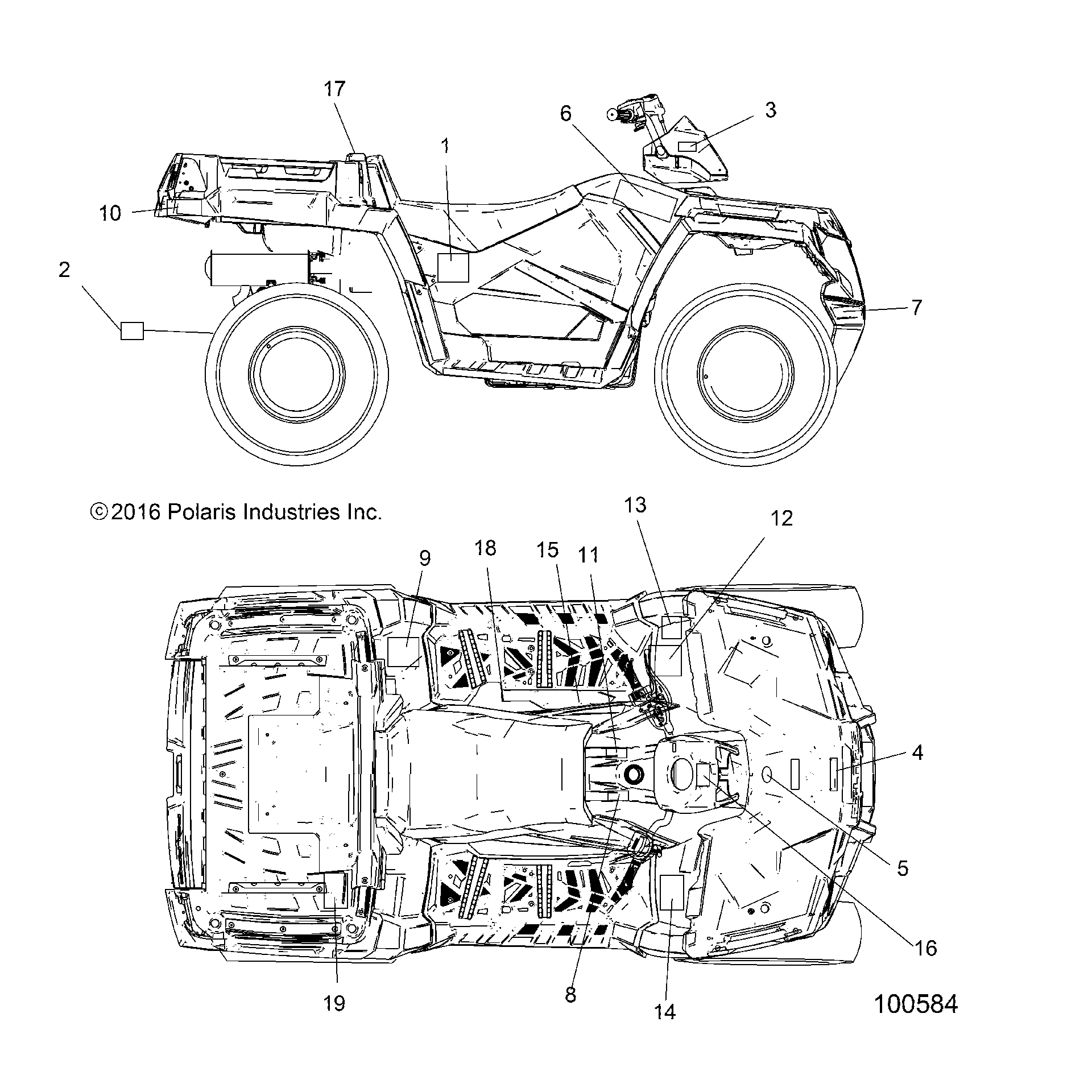 An Image of a Genuine Polaris Parts Schematic Diagram showing the schematic - BODY: DECALS - 2017 POLARIS SPORTSMAN 570 EFI X2 EPS