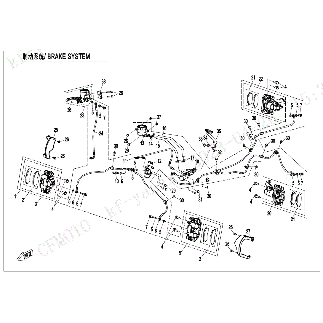 An Image of a genuine CFMOTO Parts Schematic Diagram showing the group - BRAKE SYSTEM - 2024 CFMOTO CFORCE 600