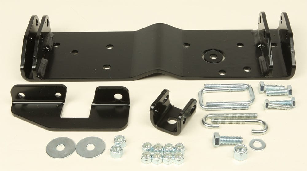 The Polaris Sportsman Provantage Center Snow Plow Mounting Kit by Warn includes a black metal plate, brackets, bolts, U-bolts, washers, and nuts—perfect for plowing tasks or setups needing extra ground clearance.