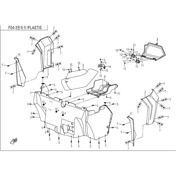 An Image of a Genuine CFMOTO Parts Schematic Diagram showing the schematic - PLASTIC PARTS(2) - 2016 CFMOTO ZFORCE 500