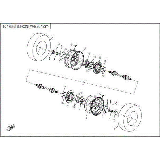 An Image of a Genuine CFMOTO Parts Schematic Diagram showing the schematic - FRONT WHEEL ASSY - 2015 CFMOTO ZFORCE 800 EX