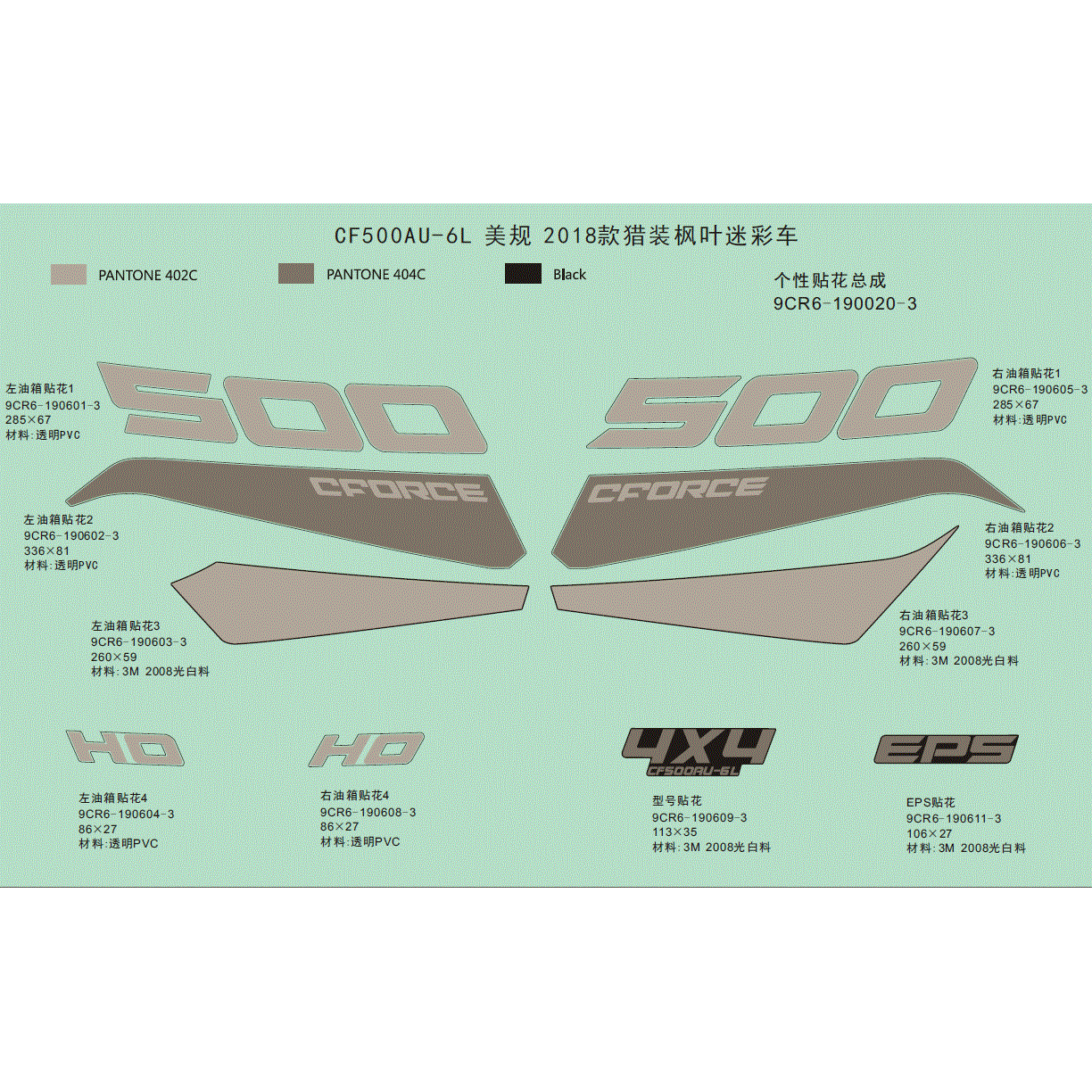 An Image of a genuine CFMOTO Parts Schematic Diagram showing the group - DECAL (USA) CAMO - 2018 CFMOTO CFORCE 500 HO