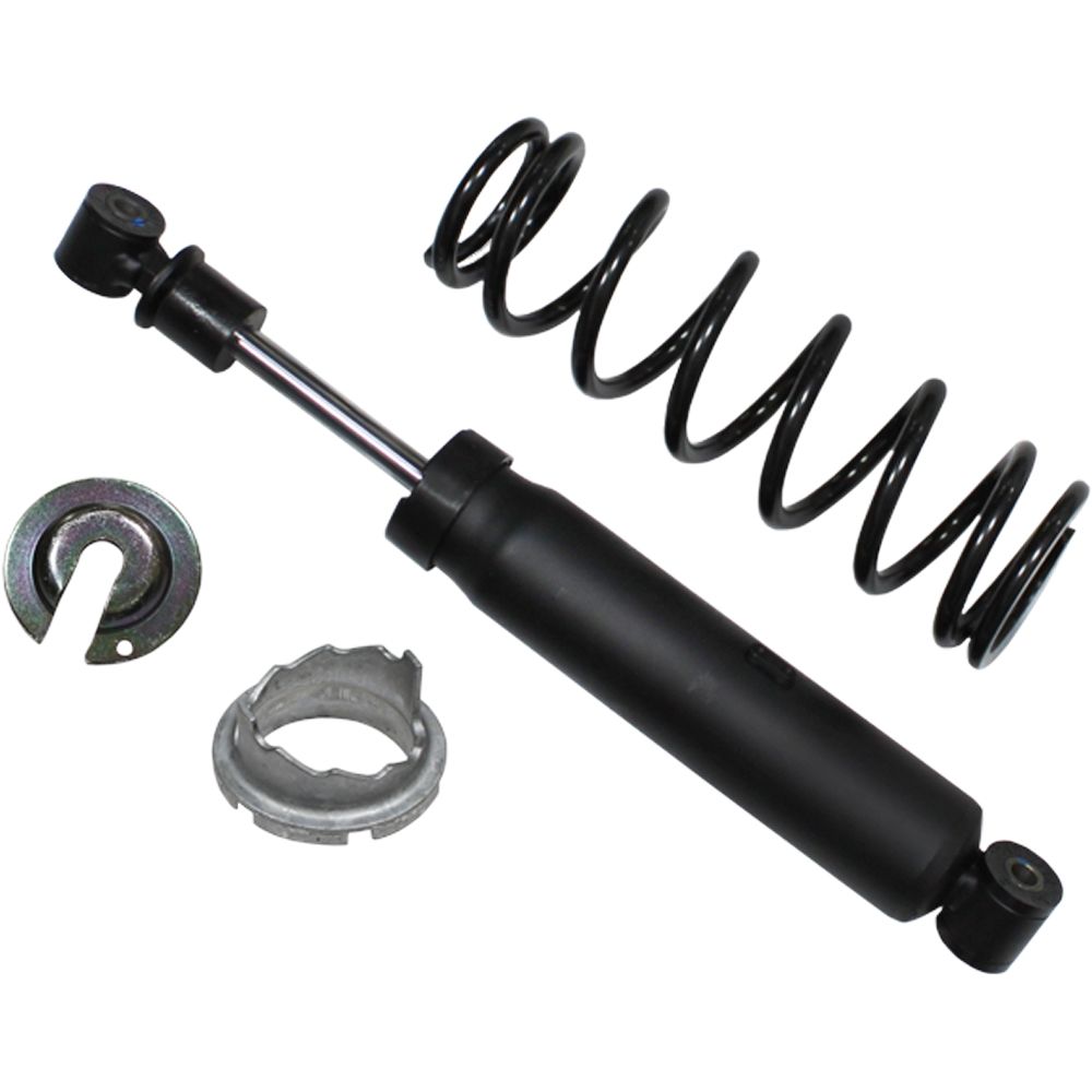 A Polaris Sportsman UTV/ATV Front Gas Shock by Bronco kit, featuring a black shock absorber, black coil spring, and two metal mounts, all displayed separately on a white background.
