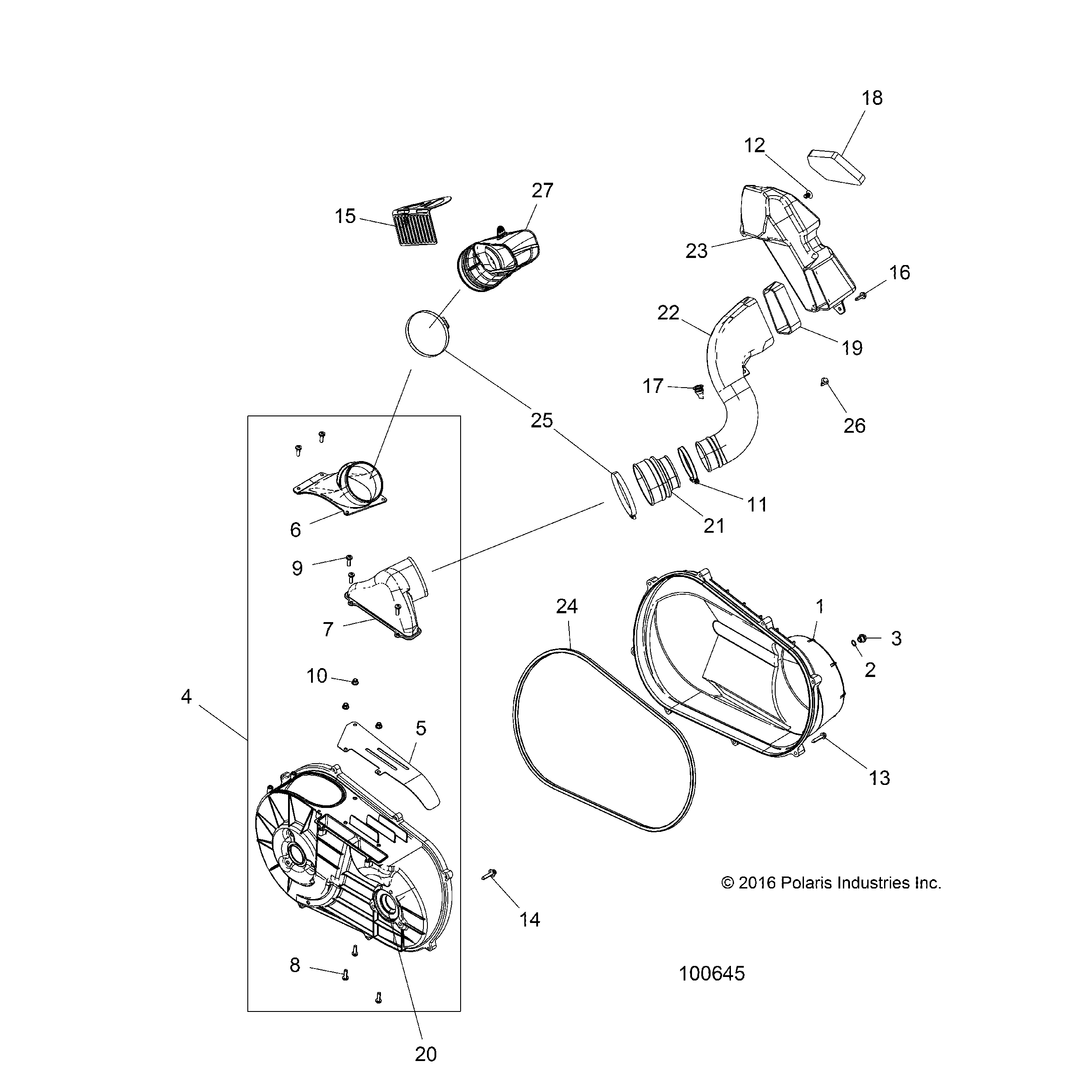 An Image of a Genuine Polaris Parts Schematic Diagram showing the schematic - DRIVE TRAIN: CLUTCH COVER AND DUCTING - 2017 POLARIS ACE 900 EPS XC
