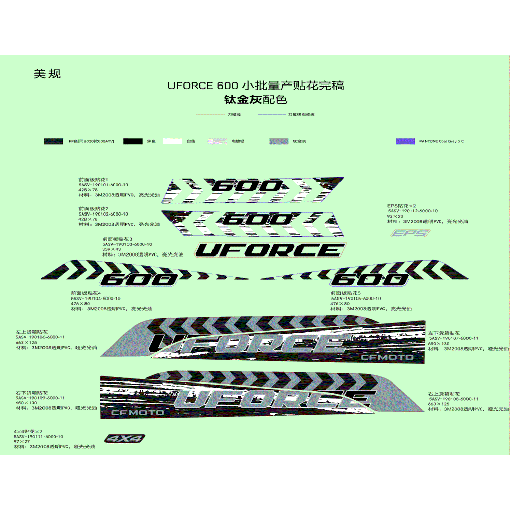 An Image of a Genuine CFMOTO Parts Schematic Diagram showing the schematic - DECAL KIT (VELOCITY GREY) - 2022 CFMOTO UFORCE 600