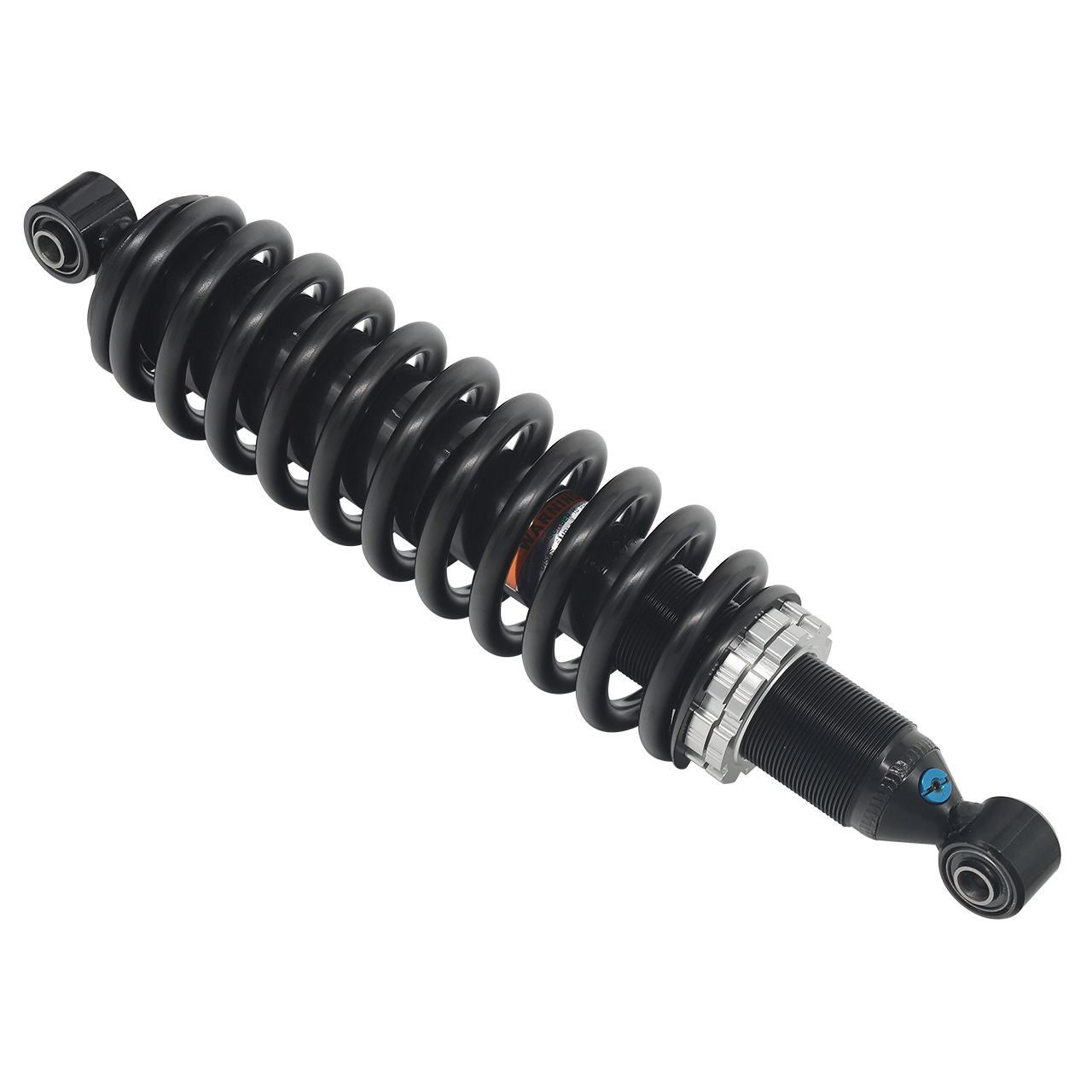 Black coil-over gas shock absorber with metal mounting eyes, designed for offroad UTV/ATV use.