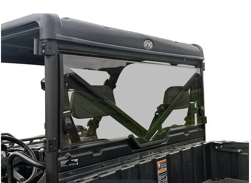 A close-up of the Polaris Ranger 1000 / XP 1000 2023 Tinted Rear Windshield by Spike highlights the rear glass, seats, and crossbars—features designed to enhance your off-road experience with clear visibility.