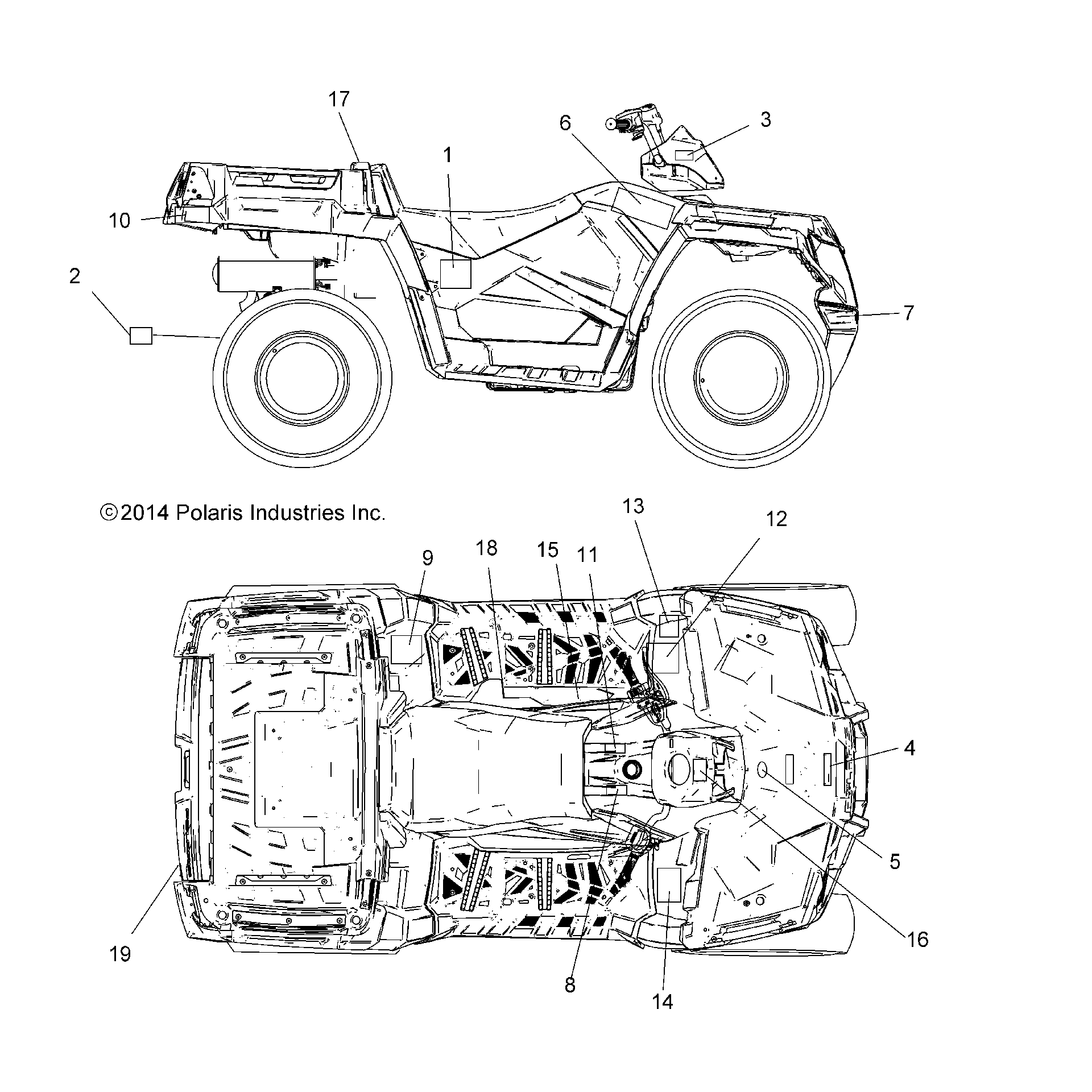 An Image of a Genuine Polaris Parts Schematic Diagram showing the schematic - BODY: DECALS - 2015 POLARIS SPORTSMAN 570 EFI X2 EPS