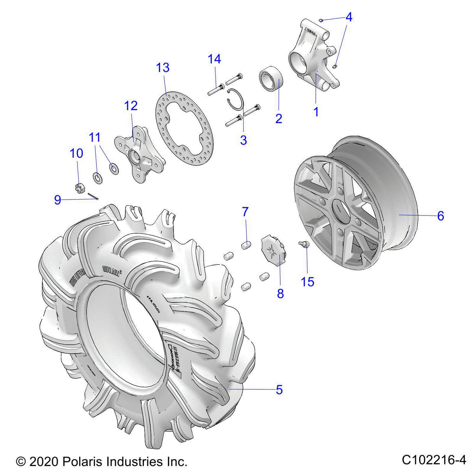 An Image of a Genuine Polaris Parts Schematic Diagram showing the schematic - WHEELS: REAR and HUB - 2020 POLARIS SPORTSMAN XP 1000 HIGH LIFTER