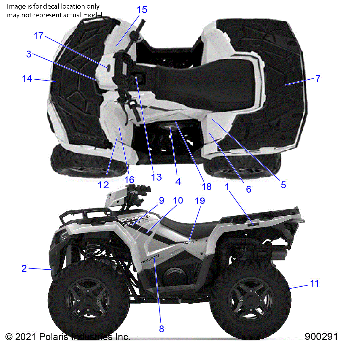 An Image of a Genuine Polaris Parts Schematic Diagram showing the schematic - BODY: DECALS - 2022 POLARIS SPORTSMAN 570 SP TRAIL RIDE COMMAND