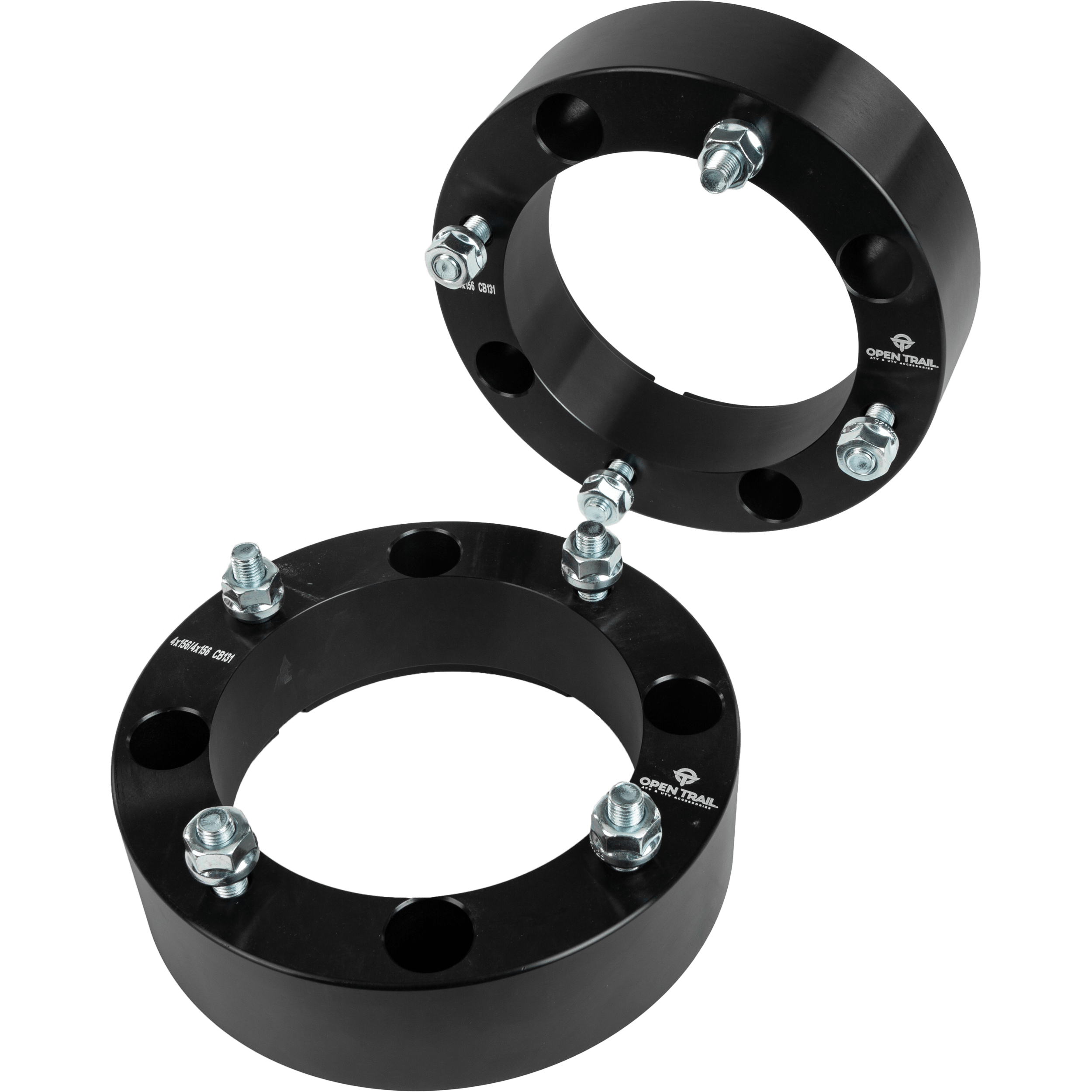 Two black Open Trail Wheel Spacers, 2 4/156 stud with 10mm x 1.25mm bolts, shown stacked and angled apart, designed to improve your vehicle’s traction and stability.