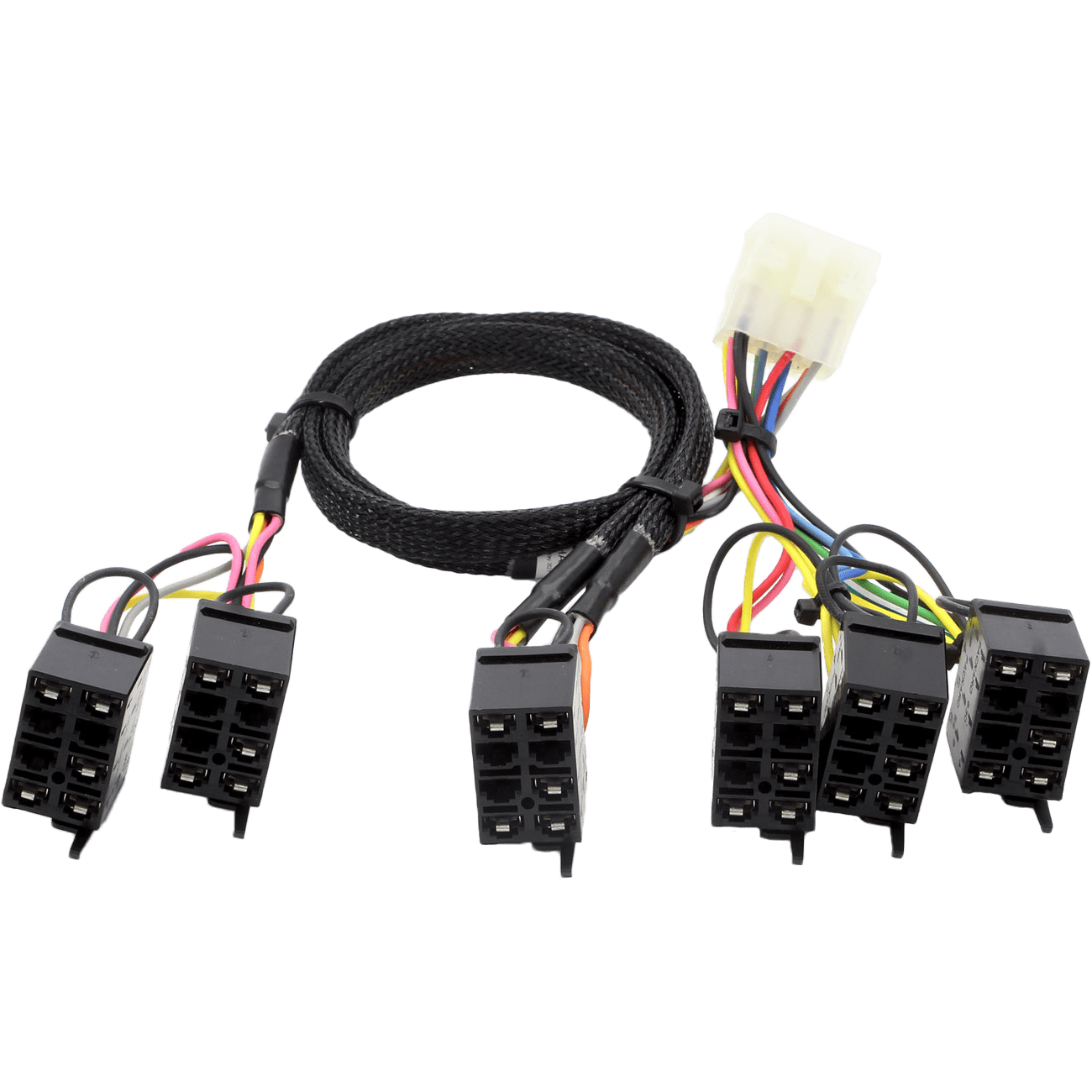 The Plug N Play Power Control 6 Switch Included by XTC Power features a multi-colored wiring harness with black connectors and a white end, all in a black mesh sleeve—perfect for your vehicle’s switch system or fuse block integration.