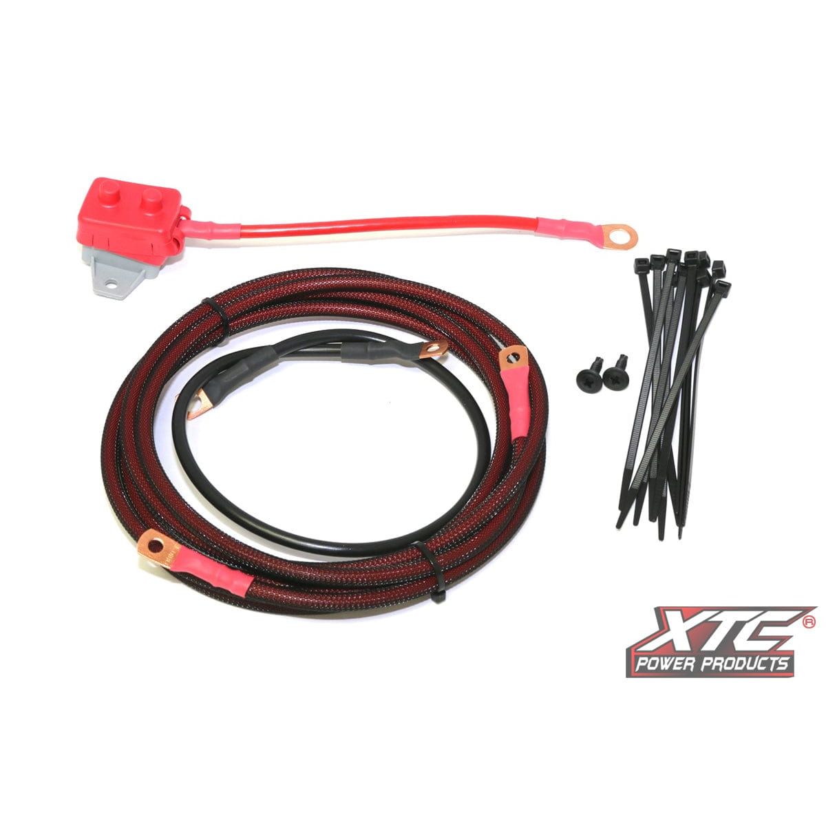 The Battery To Factory Busbar Wire With Circuit Breaker By XTC Power includes a red fuse box, 50 AMP circuit breaker, coiled black/red cable, zip ties, screws, and features the XTC Power Products logo on a white background for Polaris RZR XP.