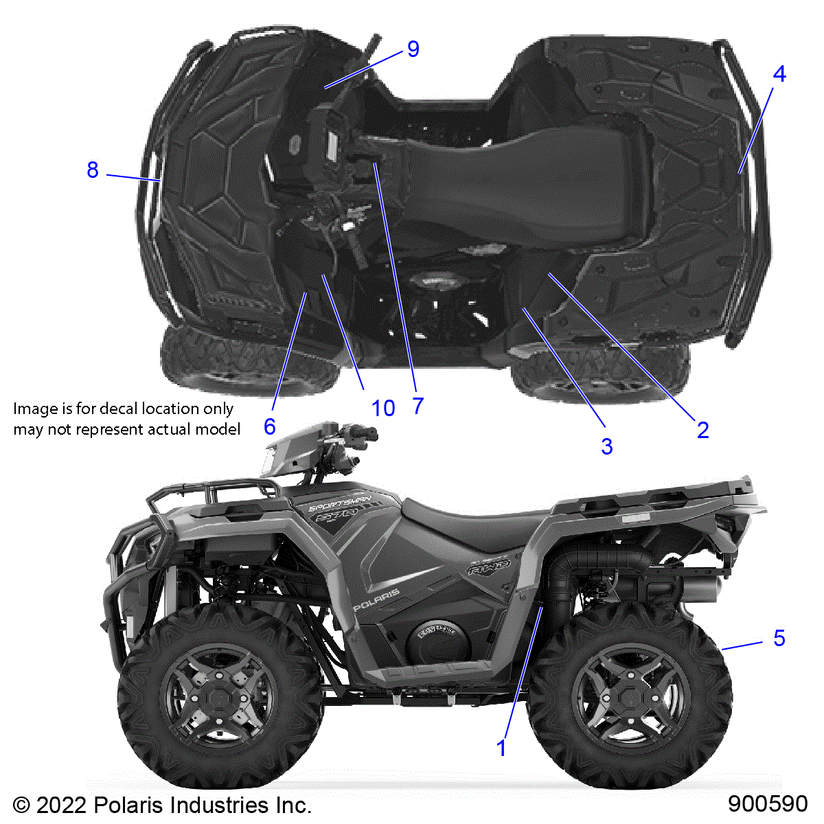 An Image of a Genuine Polaris Parts Schematic Diagram showing the schematic - BODY: DECALS GENERAL - 2023 POLARIS SPORTSMAN 570 EPS EBS TRAIL 49S