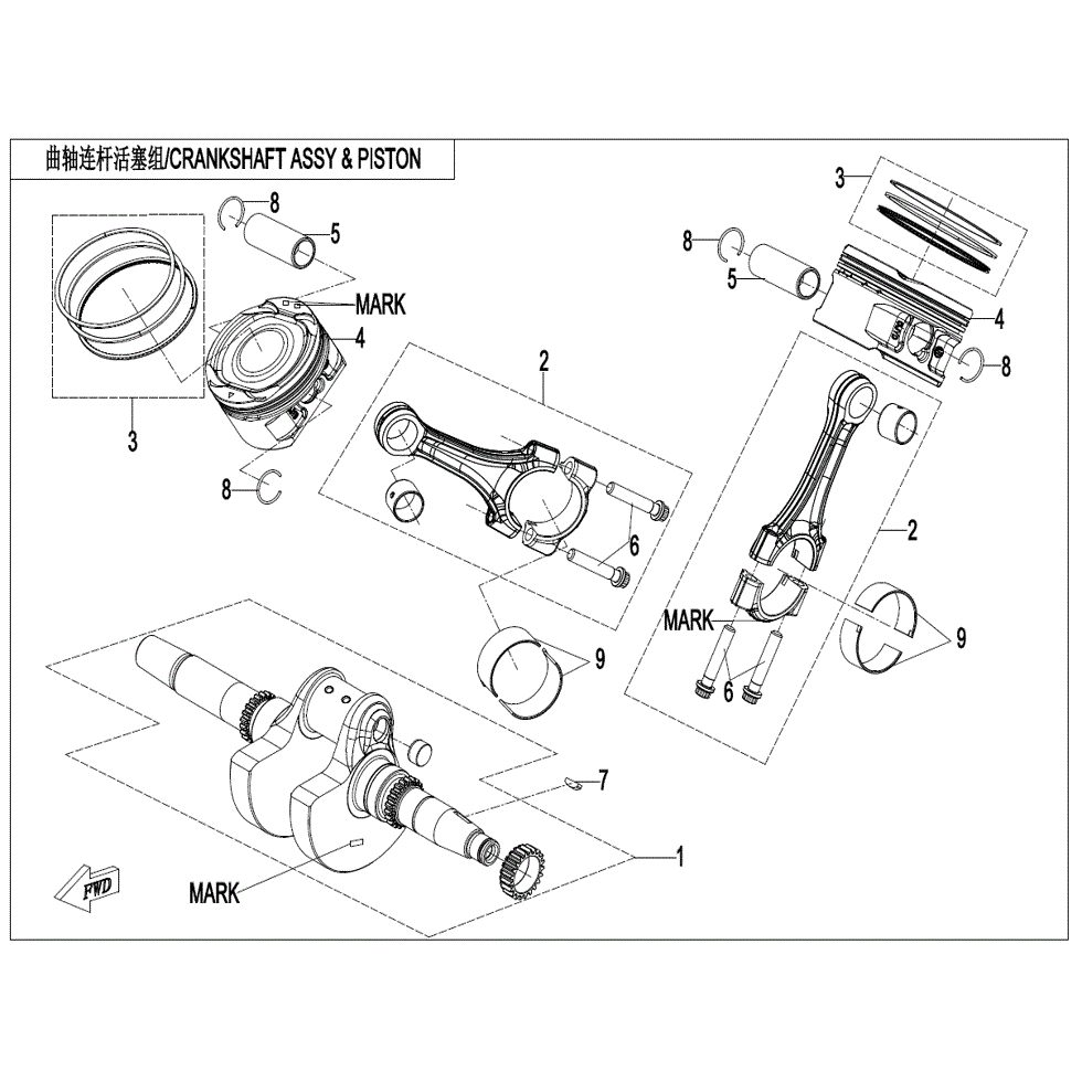 An Image of a Genuine CFMOTO Parts Schematic Diagram showing the schematic - CRANKSHAFT/CONNECTING ROD/PISTON ASSY. (HORIZONTALLY SPLIT CONNECTING ROD) - 2022 CFMOTO ZFORCE 950 HO Sport