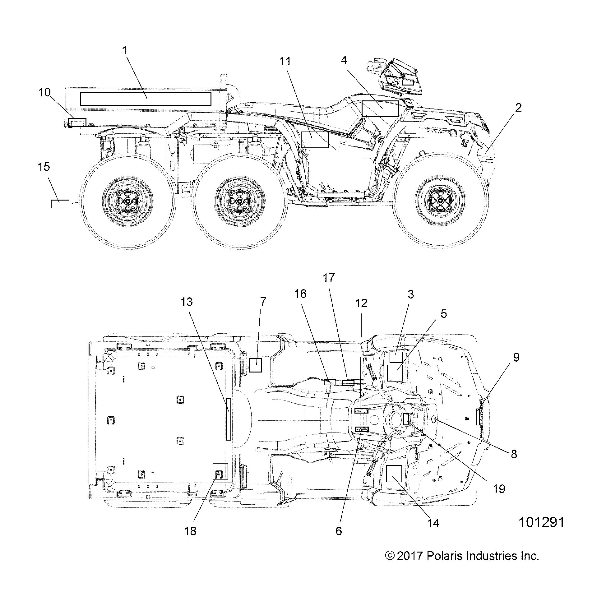 An Image of a Genuine Polaris Parts Schematic Diagram showing the schematic - BODY: DECALS - 2019 POLARIS SPORTSMAN 570 6X6