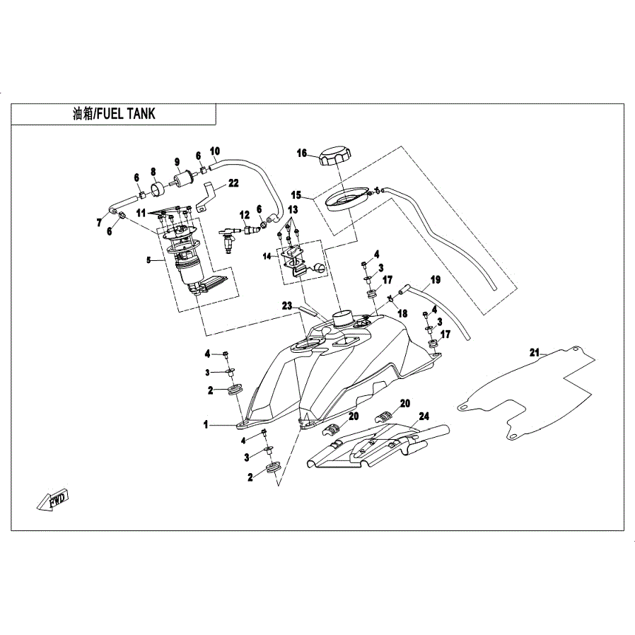 An Image of a genuine CFMOTO Parts Schematic Diagram showing the group - FUEL TANK - 2019 CFMOTO CFORCE 600