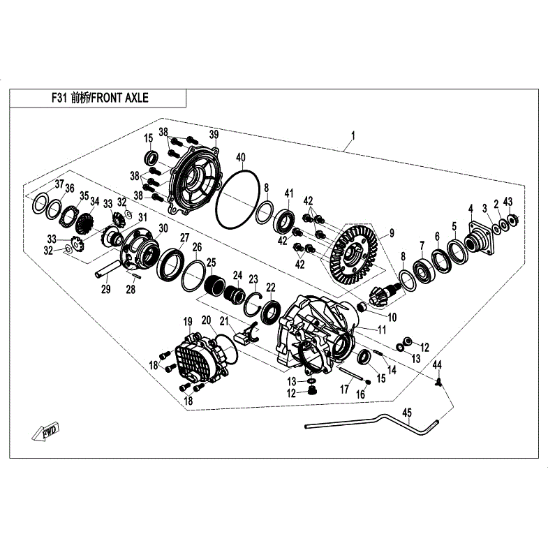 An Image of a Genuine CFMOTO Parts Schematic Diagram showing the schematic - FRONT DIFFERENTIAL - 2018 CFMOTO UFORCE 500