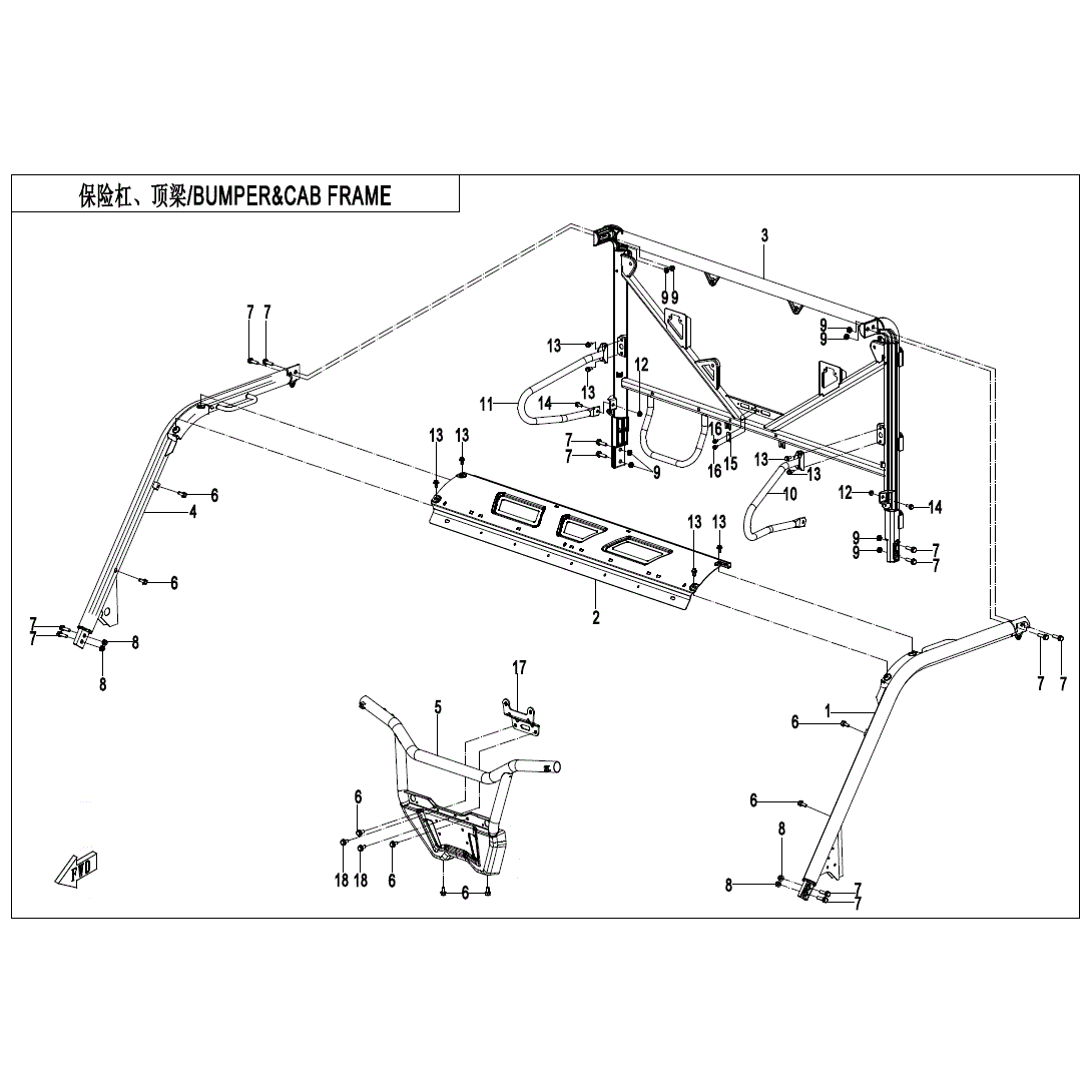 An Image of a Genuine CFMOTO Parts Schematic Diagram showing the schematic - BUMPER & CAB FRAME - 2025 CFMOTO UFORCE 1000