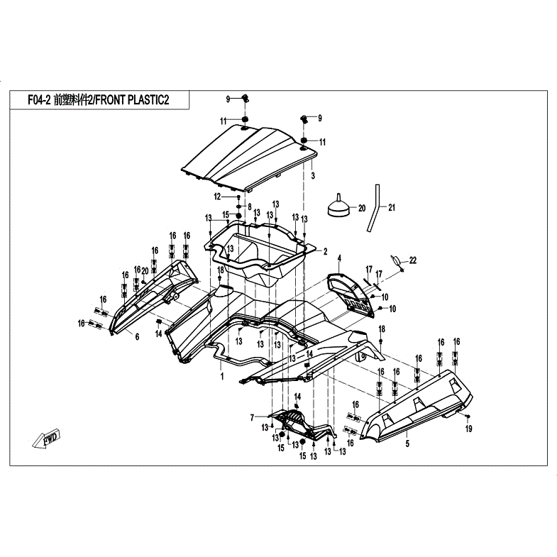 An Image of a Genuine CFMOTO Parts Schematic Diagram showing the schematic - FRONT PLASTICS 2 - 2018 CFMOTO ZFORCE 800 Trail