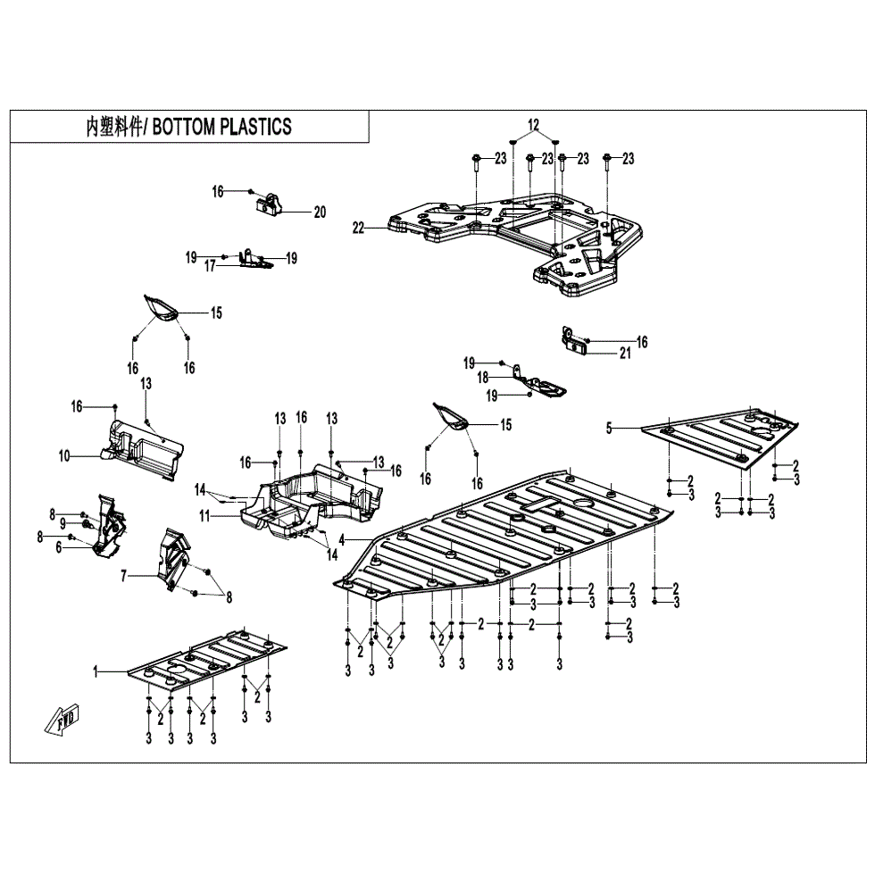 An Image of a Genuine CFMOTO Parts Schematic Diagram showing the schematic - REAR PLASTIC(2) - 2022 CFMOTO ZFORCE 950 Sport
