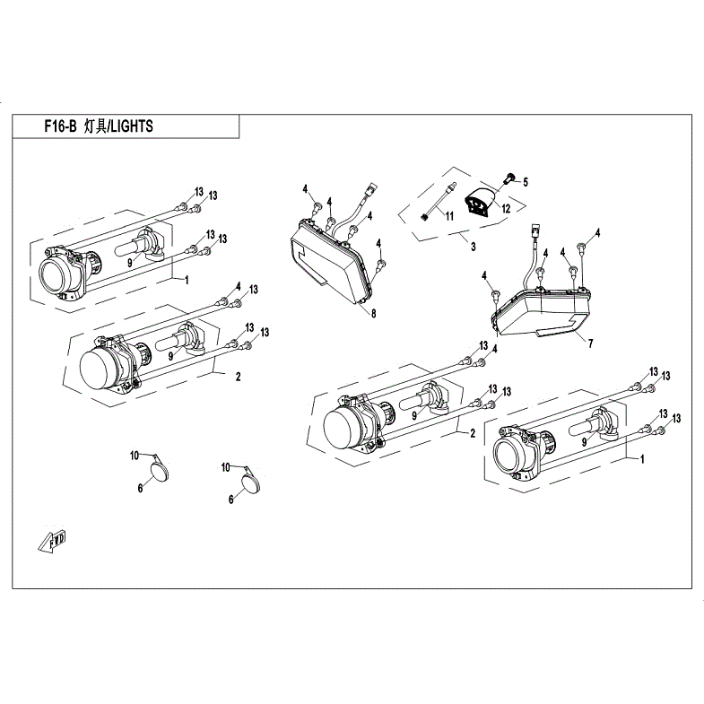 An Image of a genuine CFMOTO Parts Schematic Diagram showing the group - LIGHTS (WITHOUT TURN LIGHT) - 2018 CFMOTO CFORCE 500 HO