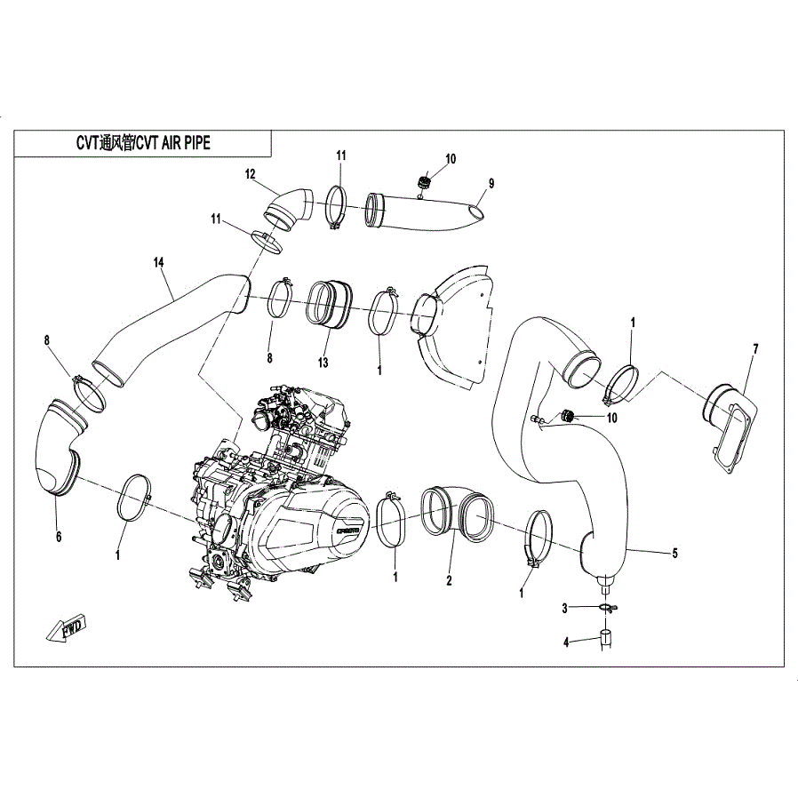 An Image of a Genuine CFMOTO Parts Schematic Diagram showing the schematic - CVT AIR PIPE&SIDE COVER - 2019 CFMOTO ZFORCE 500