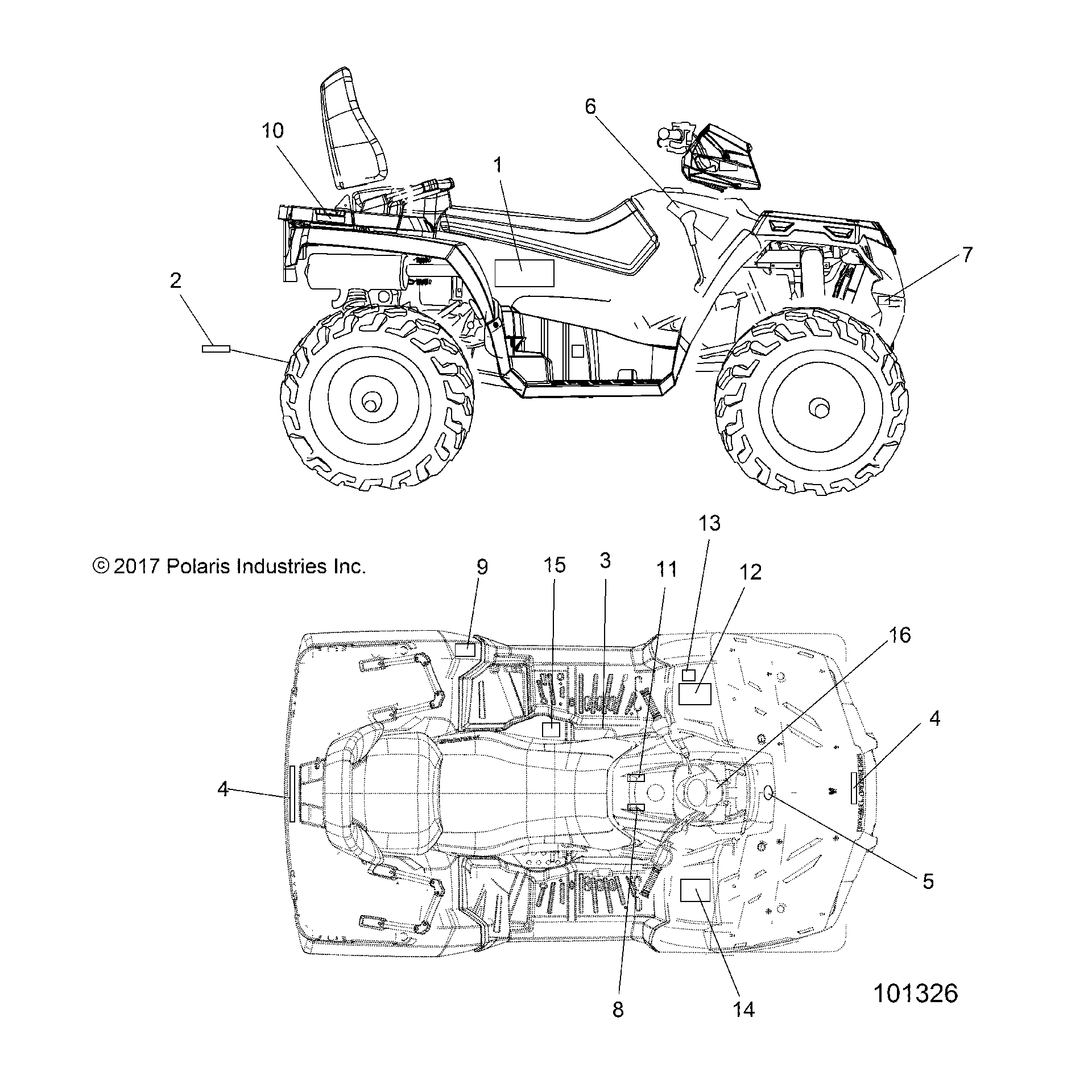 An Image of a Genuine Polaris Parts Schematic Diagram showing the schematic - BODY: DECALS - 2019 POLARIS SPORTSMAN TOURING 570 EFI/EPS